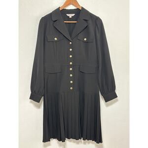 Nanette Lepore Dress 8 Black Blouson Pleated Skirt Gold Buttons Classy Designer